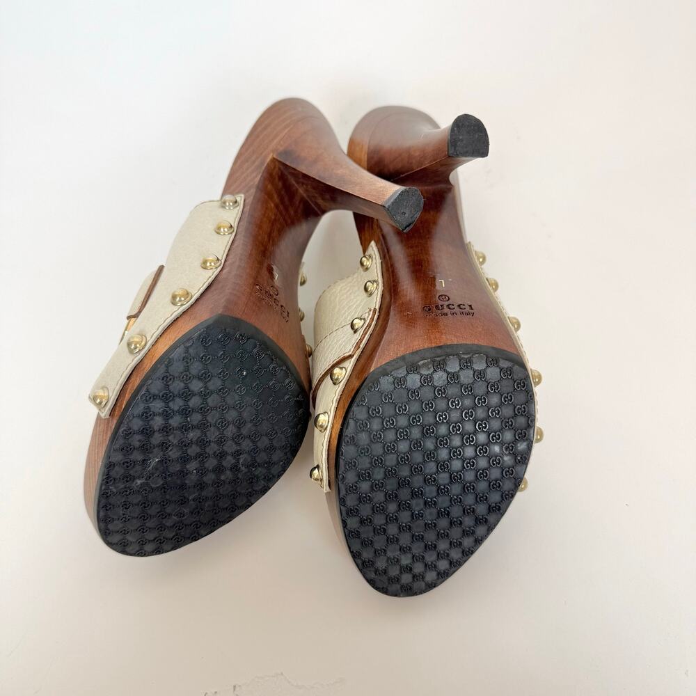 Gucci Leather Horsebit Wooden Clog Heels Sandal in Cream Off-White 7B - Picture 12 of 14